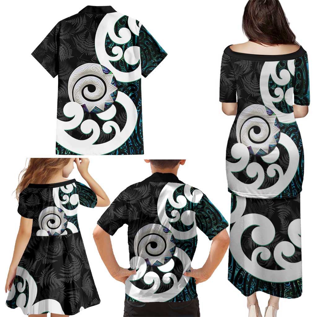 Aotearoa Koru Family Matching Puletasi and Hawaiian Shirt Cyan Maori Paua Shell Mix Silver Fern LT14 - Polynesian Pride