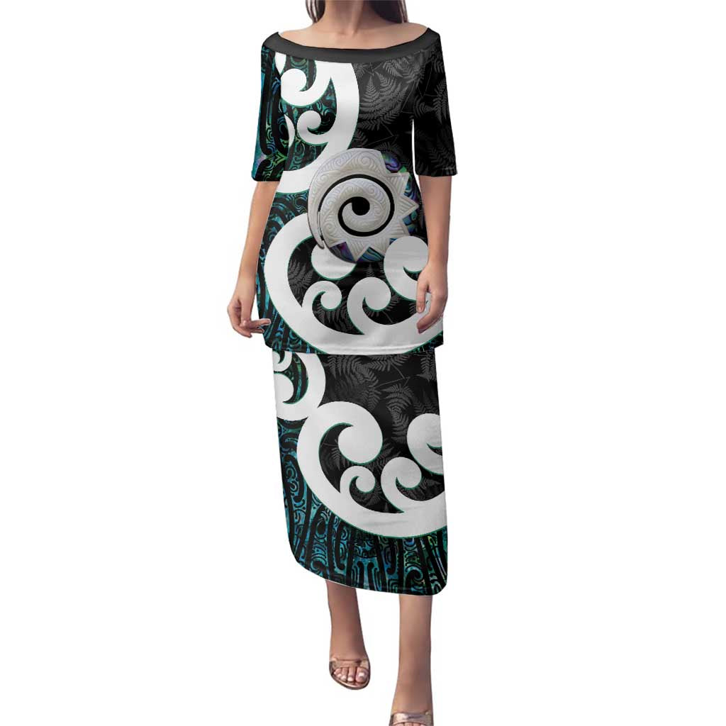 Aotearoa Koru Family Matching Puletasi and Hawaiian Shirt Cyan Maori Paua Shell Mix Silver Fern LT14 Mom's Dress Black - Polynesian Pride