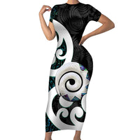 Aotearoa Koru Family Matching Short Sleeve Bodycon Dress and Hawaiian Shirt Cyan Maori Paua Shell Mix Silver Fern LT14 Mom's Dress Black - Polynesian Pride
