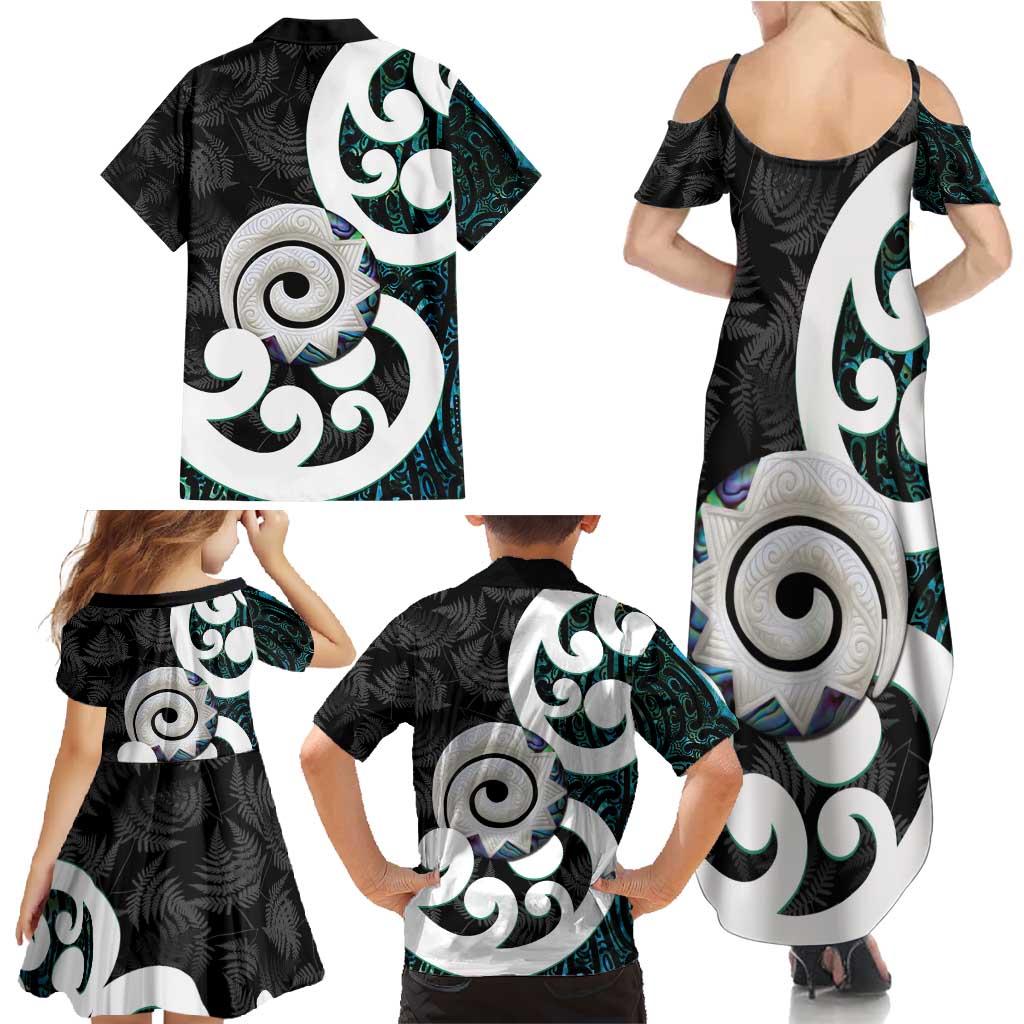 Aotearoa Koru Family Matching Summer Maxi Dress and Hawaiian Shirt Cyan Maori Paua Shell Mix Silver Fern LT14 - Polynesian Pride