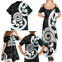 Aotearoa Koru Family Matching Summer Maxi Dress and Hawaiian Shirt Cyan Maori Paua Shell Mix Silver Fern LT14 - Polynesian Pride