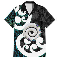 Aotearoa Koru Family Matching Summer Maxi Dress and Hawaiian Shirt Cyan Maori Paua Shell Mix Silver Fern LT14 Dad's Shirt - Short Sleeve Black - Polynesian Pride