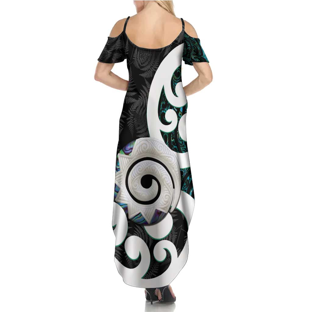 Aotearoa Koru Family Matching Summer Maxi Dress and Hawaiian Shirt Cyan Maori Paua Shell Mix Silver Fern LT14 - Polynesian Pride