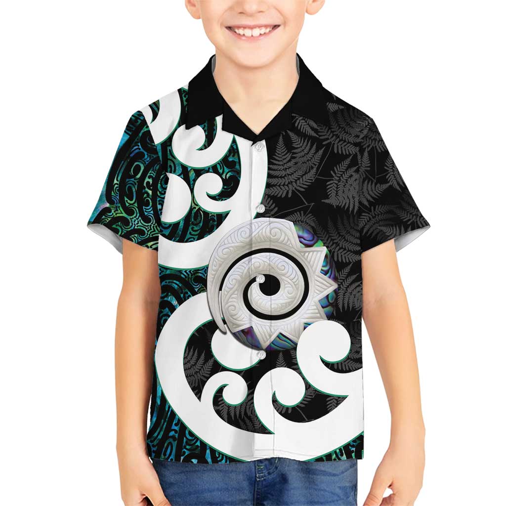 Aotearoa Koru Family Matching Summer Maxi Dress and Hawaiian Shirt Cyan Maori Paua Shell Mix Silver Fern LT14 Son's Shirt Black - Polynesian Pride