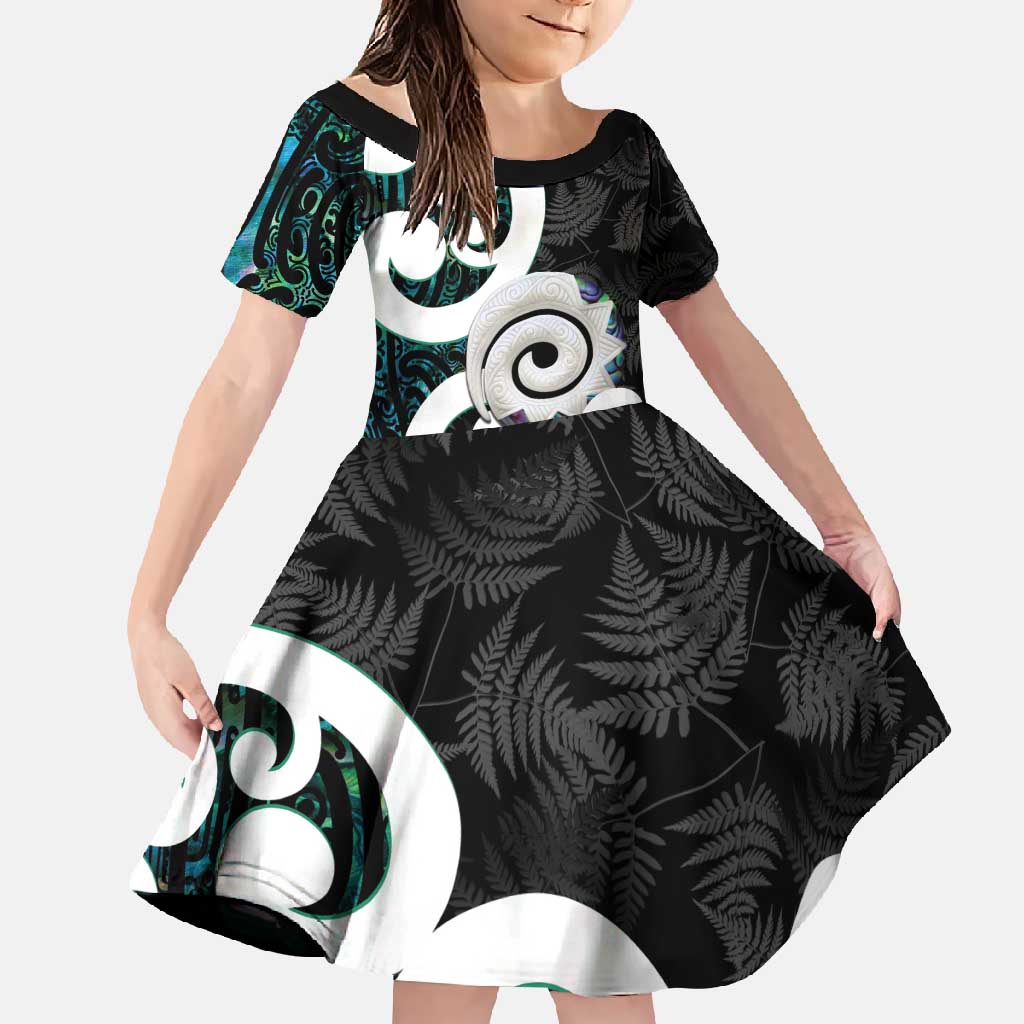 Aotearoa Koru Family Matching Tank Maxi Dress and Hawaiian Shirt Cyan Maori Paua Shell Mix Silver Fern LT14 Daughter's Dress Black - Polynesian Pride