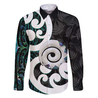 Aotearoa Koru Family Matching Tank Maxi Dress and Hawaiian Shirt Cyan Maori Paua Shell Mix Silver Fern LT14 Dad's Shirt - Long Sleeve Black - Polynesian Pride