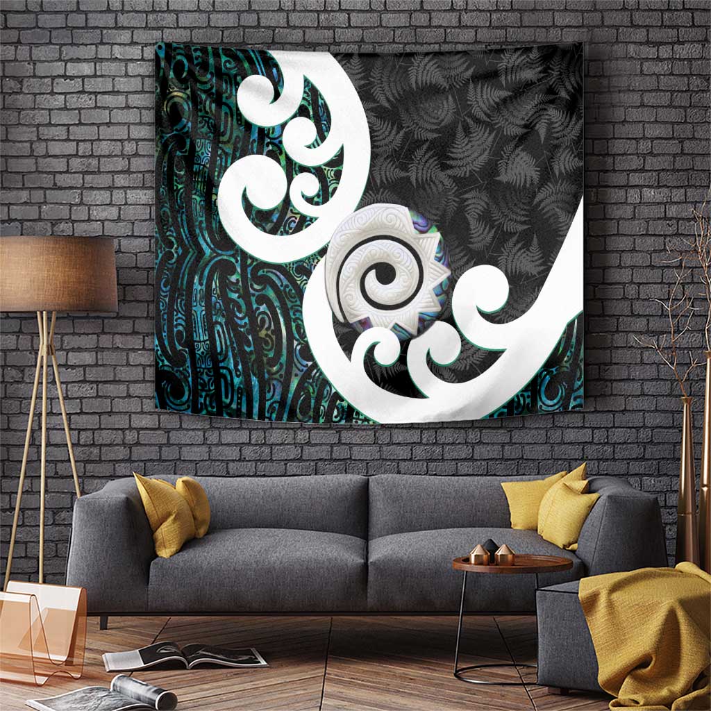 Aotearoa Koru Tapestry Cyan Maori Paua Shell Mix Silver Fern LT14 Black - Polynesian Pride