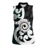 Aotearoa Koru Women Sleeveless Polo Shirt Cyan Maori Paua Shell Mix Silver Fern LT14 Female Black - Polynesian Pride