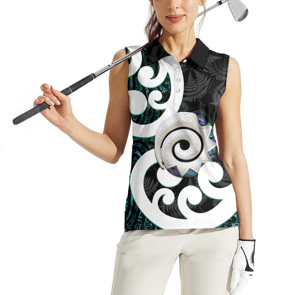 Aotearoa Koru Women Sleeveless Polo Shirt Cyan Maori Paua Shell Mix Silver Fern LT14 - Polynesian Pride