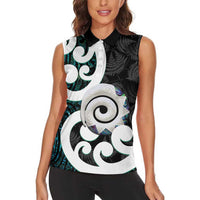 Aotearoa Koru Women Sleeveless Polo Shirt Cyan Maori Paua Shell Mix Silver Fern LT14 - Polynesian Pride