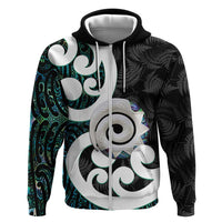Aotearoa Koru Zip Hoodie Cyan Maori Paua Shell Mix Silver Fern LT14 Zip Hoodie Black - Polynesian Pride