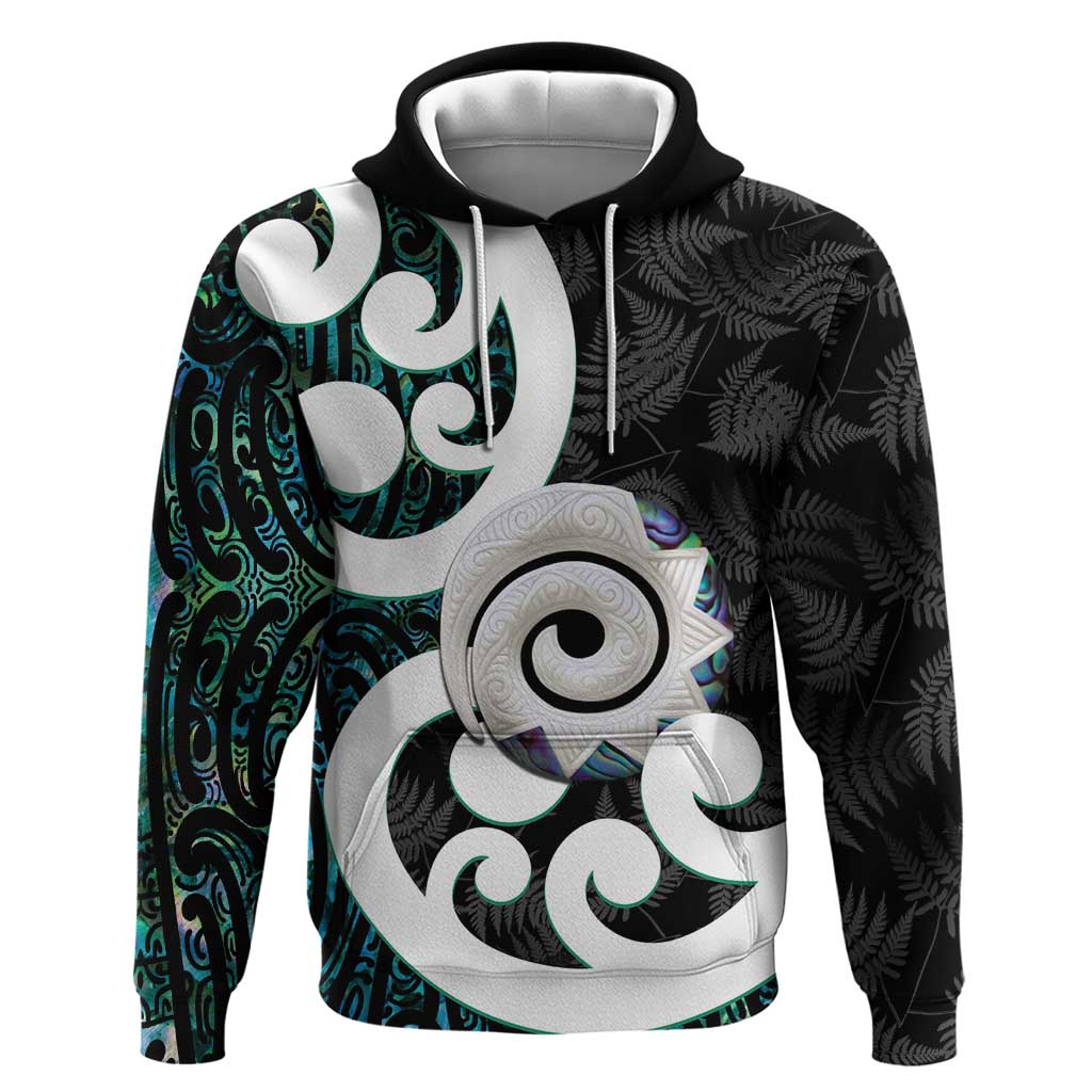 Aotearoa Koru Zip Hoodie Cyan Maori Paua Shell Mix Silver Fern LT14 Pullover Hoodie Black - Polynesian Pride