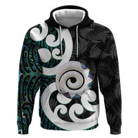 Aotearoa Koru Zip Hoodie Cyan Maori Paua Shell Mix Silver Fern LT14 Pullover Hoodie Black - Polynesian Pride