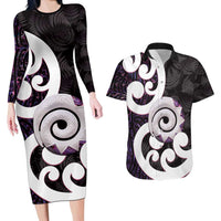 Aotearoa Koru Couples Matching Long Sleeve Bodycon Dress and Hawaiian Shirt Purple Maori Paua Shell Mix Silver Fern LT14 Black - Polynesian Pride