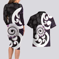 Aotearoa Koru Couples Matching Long Sleeve Bodycon Dress and Hawaiian Shirt Purple Maori Paua Shell Mix Silver Fern LT14 - Polynesian Pride