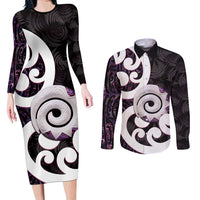 Aotearoa Koru Couples Matching Long Sleeve Bodycon Dress and Long Sleeve Button Shirt Purple Maori Paua Shell Mix Silver Fern LT14 Black - Polynesian Pride