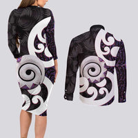 Aotearoa Koru Couples Matching Long Sleeve Bodycon Dress and Long Sleeve Button Shirt Purple Maori Paua Shell Mix Silver Fern LT14 - Polynesian Pride