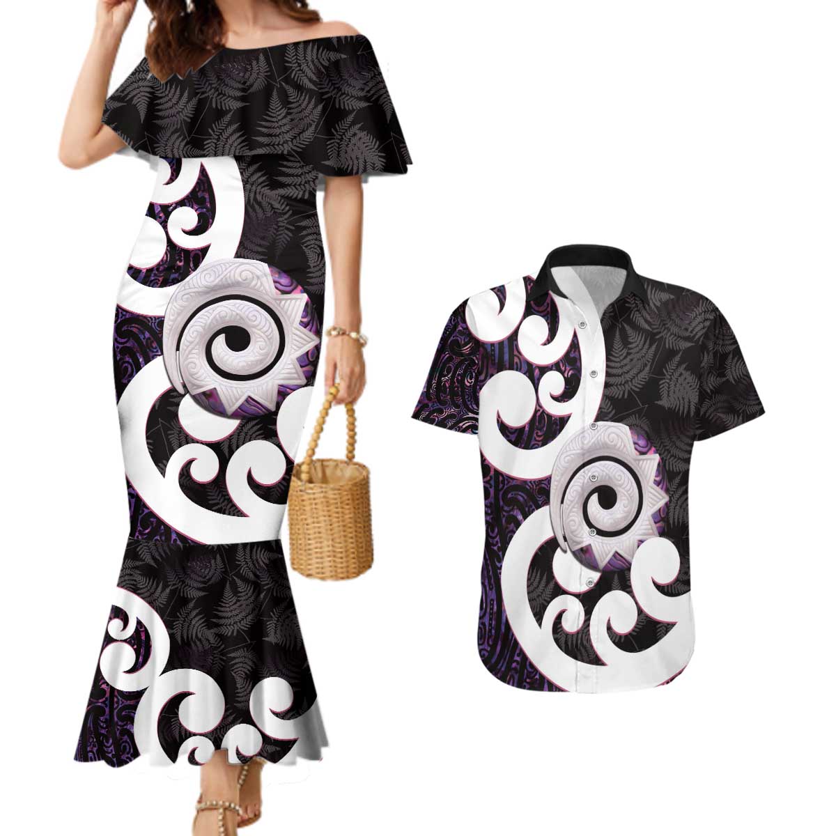 Aotearoa Koru Couples Matching Mermaid Dress and Hawaiian Shirt Purple Maori Paua Shell Mix Silver Fern LT14 Black - Polynesian Pride