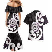 Aotearoa Koru Couples Matching Mermaid Dress and Hawaiian Shirt Purple Maori Paua Shell Mix Silver Fern LT14 - Polynesian Pride