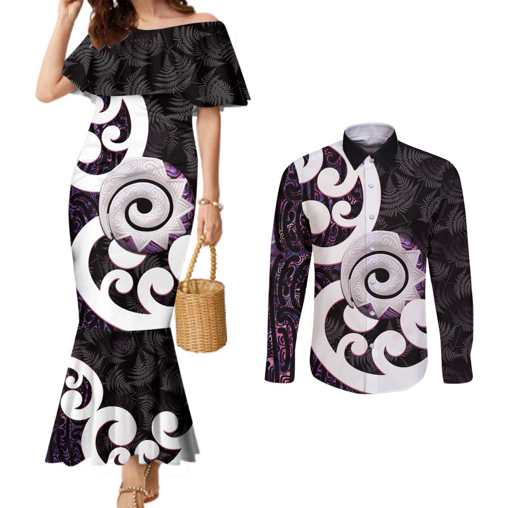 Aotearoa Koru Couples Matching Mermaid Dress and Long Sleeve Button Shirt Purple Maori Paua Shell Mix Silver Fern LT14 Black - Polynesian Pride