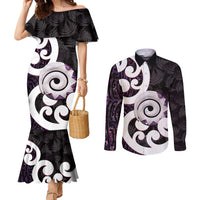 Aotearoa Koru Couples Matching Mermaid Dress and Long Sleeve Button Shirt Purple Maori Paua Shell Mix Silver Fern LT14 Black - Polynesian Pride