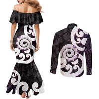 Aotearoa Koru Couples Matching Mermaid Dress and Long Sleeve Button Shirt Purple Maori Paua Shell Mix Silver Fern LT14 - Polynesian Pride