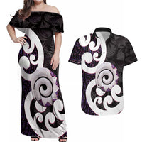 Aotearoa Koru Couples Matching Off Shoulder Maxi Dress and Hawaiian Shirt Purple Maori Paua Shell Mix Silver Fern LT14 Black - Polynesian Pride