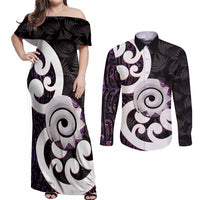Aotearoa Koru Couples Matching Off Shoulder Maxi Dress and Long Sleeve Button Shirt Purple Maori Paua Shell Mix Silver Fern LT14 Black - Polynesian Pride