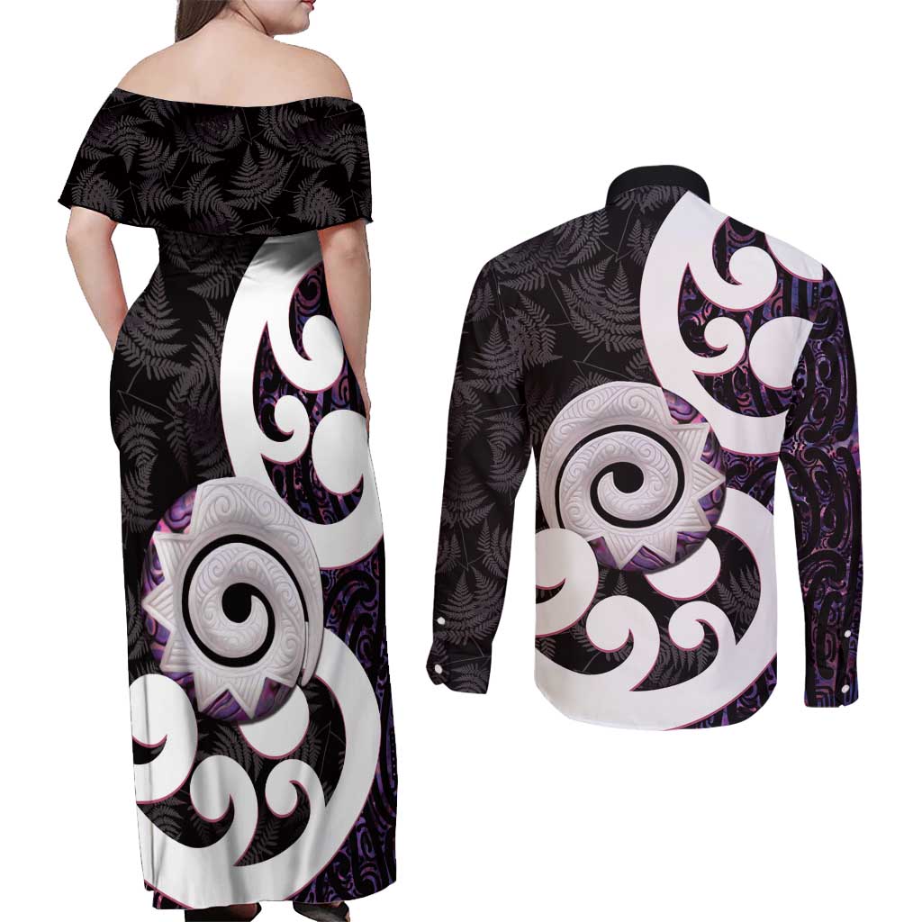 Aotearoa Koru Couples Matching Off Shoulder Maxi Dress and Long Sleeve Button Shirt Purple Maori Paua Shell Mix Silver Fern LT14 - Polynesian Pride