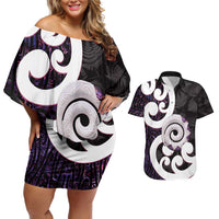 Aotearoa Koru Couples Matching Off Shoulder Short Dress and Hawaiian Shirt Purple Maori Paua Shell Mix Silver Fern LT14 Black - Polynesian Pride