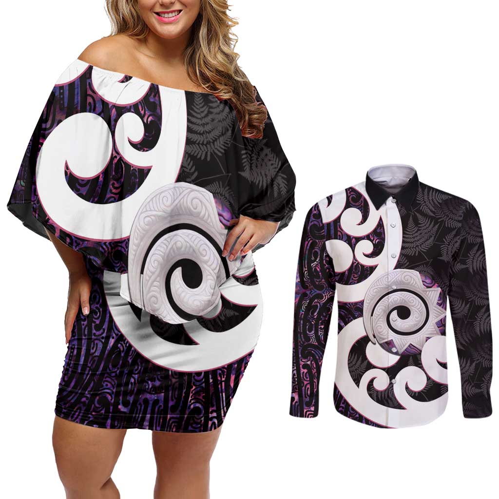 Aotearoa Koru Couples Matching Off Shoulder Short Dress and Long Sleeve Button Shirt Purple Maori Paua Shell Mix Silver Fern LT14 Black - Polynesian Pride
