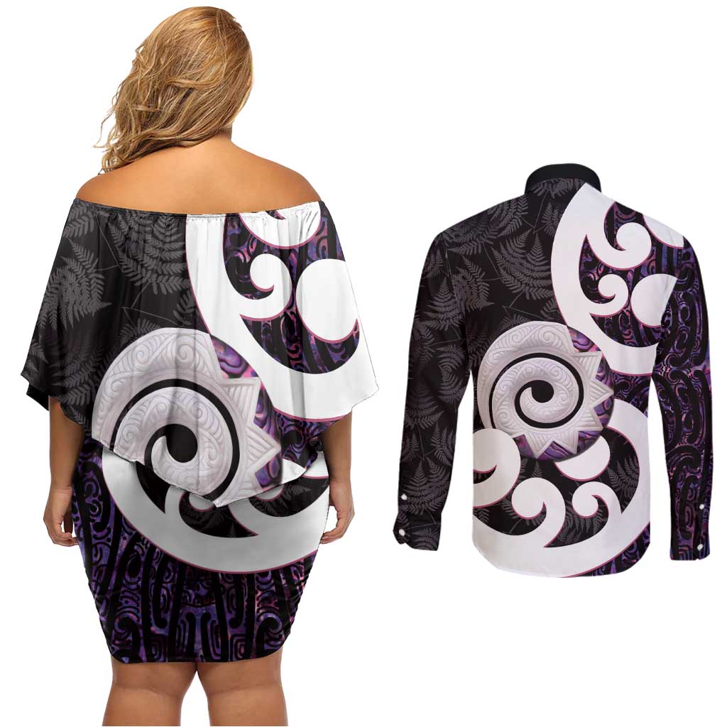 Aotearoa Koru Couples Matching Off Shoulder Short Dress and Long Sleeve Button Shirt Purple Maori Paua Shell Mix Silver Fern LT14 - Polynesian Pride