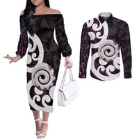 Aotearoa Koru Couples Matching Off The Shoulder Long Sleeve Dress and Long Sleeve Button Shirt Purple Maori Paua Shell Mix Silver Fern LT14 Black - Polynesian Pride