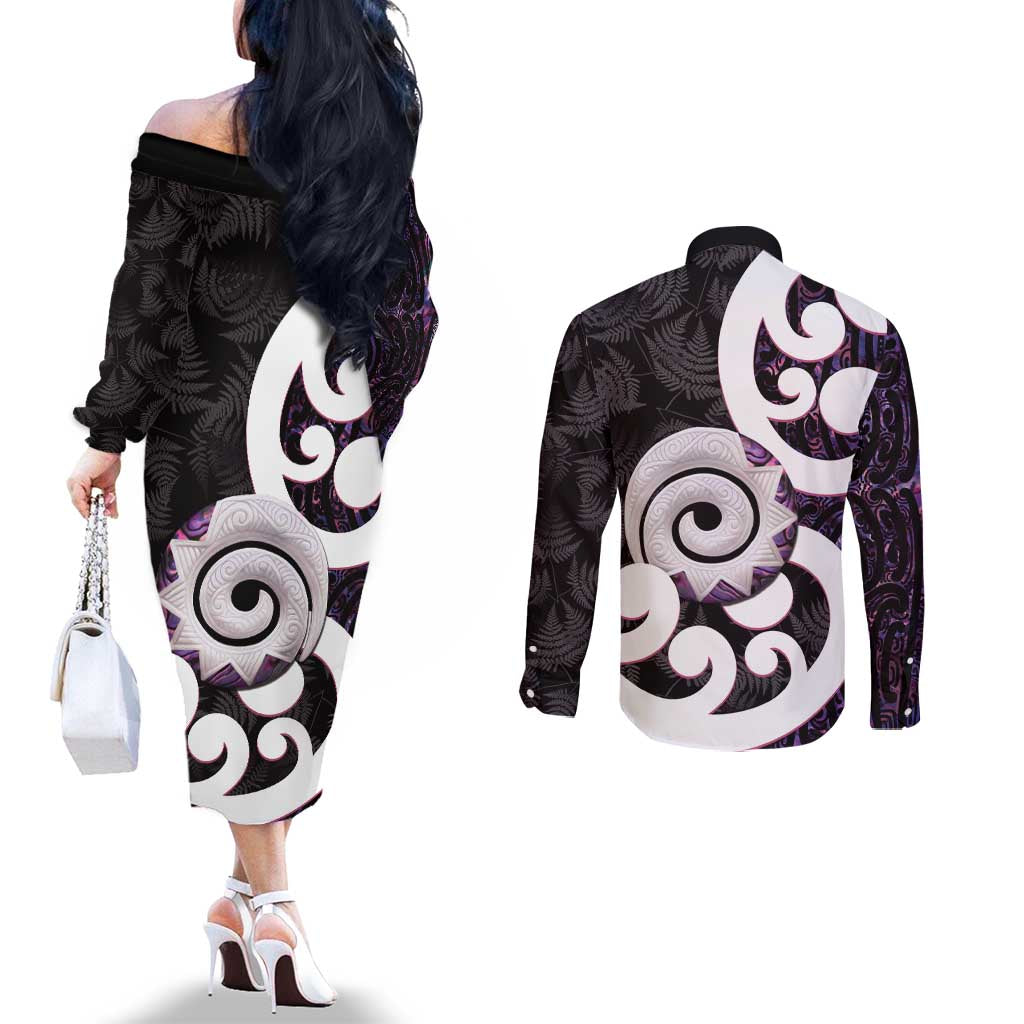Aotearoa Koru Couples Matching Off The Shoulder Long Sleeve Dress and Long Sleeve Button Shirt Purple Maori Paua Shell Mix Silver Fern LT14 - Polynesian Pride