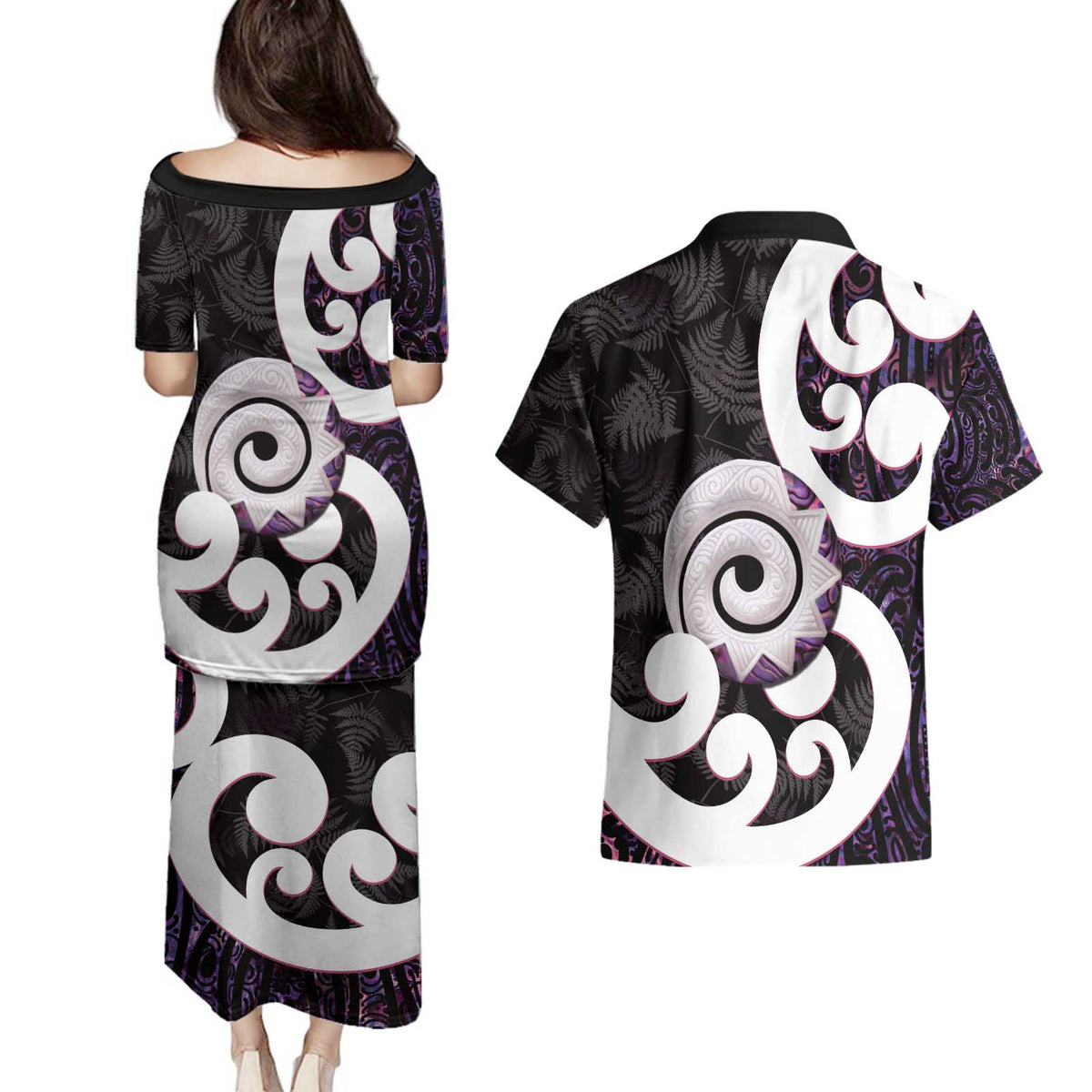 Aotearoa Koru Couples Matching Puletasi and Hawaiian Shirt Purple Maori Paua Shell Mix Silver Fern LT14 - Polynesian Pride