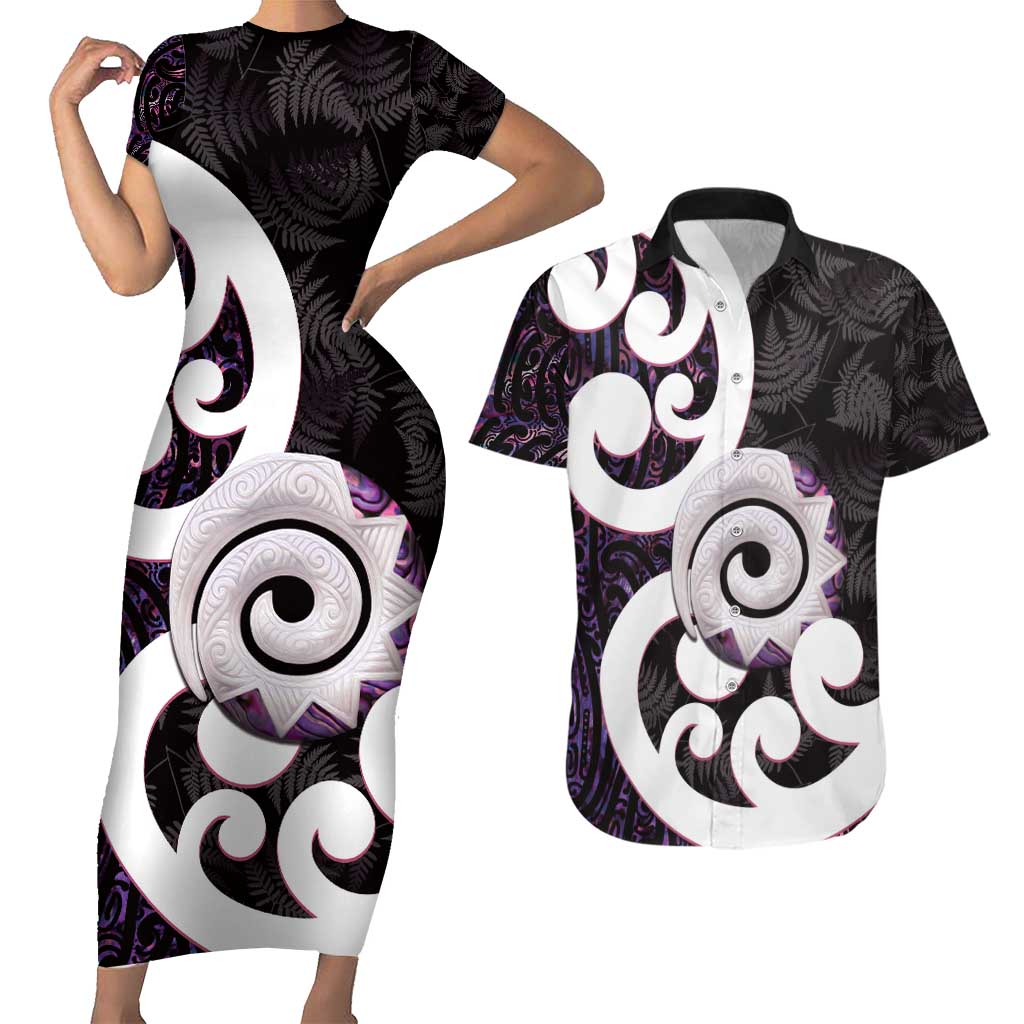 Aotearoa Koru Couples Matching Short Sleeve Bodycon Dress and Hawaiian Shirt Purple Maori Paua Shell Mix Silver Fern LT14 Black - Polynesian Pride