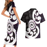 Aotearoa Koru Couples Matching Short Sleeve Bodycon Dress and Hawaiian Shirt Purple Maori Paua Shell Mix Silver Fern LT14 - Polynesian Pride