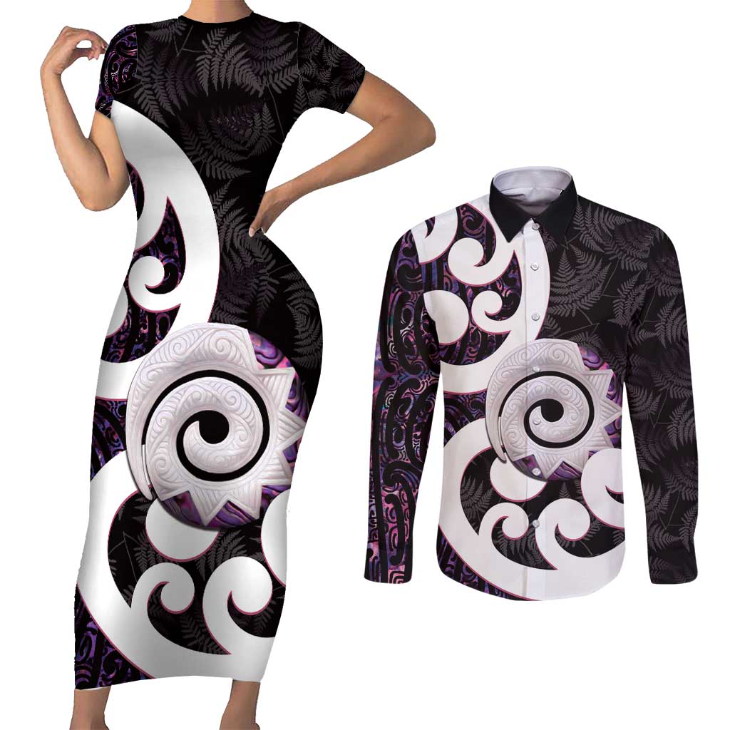 Aotearoa Koru Couples Matching Short Sleeve Bodycon Dress and Long Sleeve Button Shirt Purple Maori Paua Shell Mix Silver Fern LT14 Black - Polynesian Pride