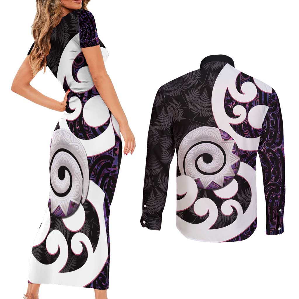 Aotearoa Koru Couples Matching Short Sleeve Bodycon Dress and Long Sleeve Button Shirt Purple Maori Paua Shell Mix Silver Fern LT14 - Polynesian Pride