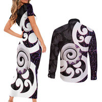 Aotearoa Koru Couples Matching Short Sleeve Bodycon Dress and Long Sleeve Button Shirt Purple Maori Paua Shell Mix Silver Fern LT14 - Polynesian Pride