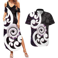 Aotearoa Koru Couples Matching Summer Maxi Dress and Hawaiian Shirt Purple Maori Paua Shell Mix Silver Fern LT14 Black - Polynesian Pride
