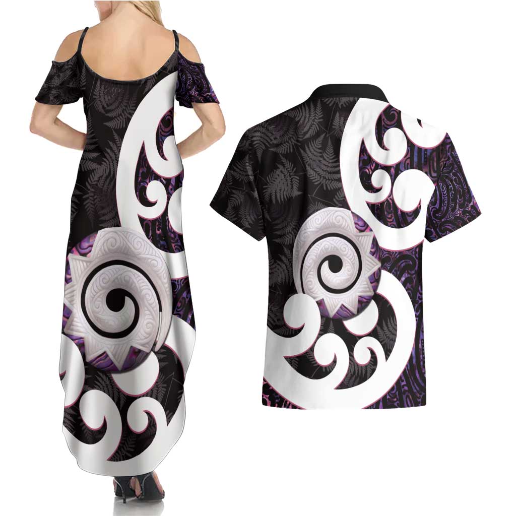 Aotearoa Koru Couples Matching Summer Maxi Dress and Hawaiian Shirt Purple Maori Paua Shell Mix Silver Fern LT14 - Polynesian Pride
