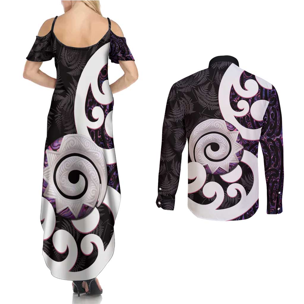 Aotearoa Koru Couples Matching Summer Maxi Dress and Long Sleeve Button Shirt Purple Maori Paua Shell Mix Silver Fern LT14 - Polynesian Pride