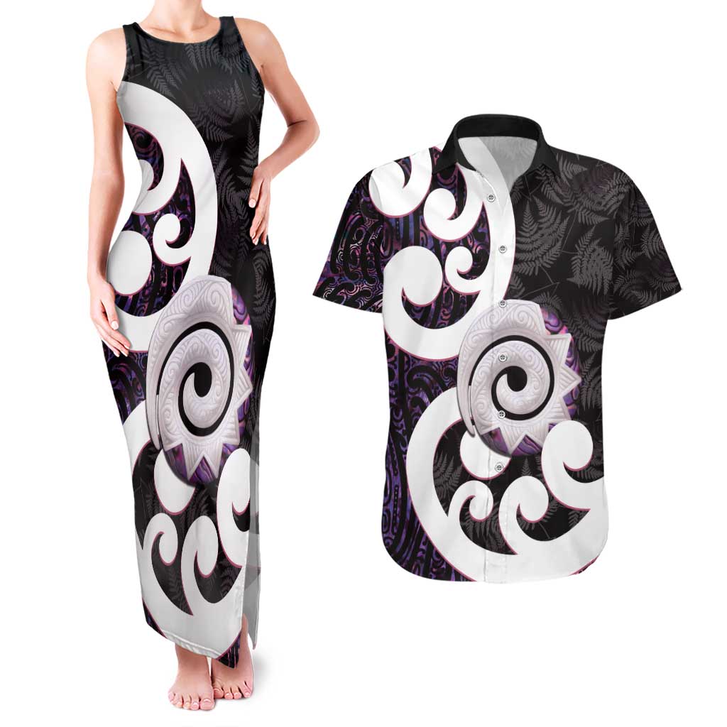 Aotearoa Koru Couples Matching Tank Maxi Dress and Hawaiian Shirt Purple Maori Paua Shell Mix Silver Fern LT14 Black - Polynesian Pride