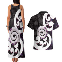 Aotearoa Koru Couples Matching Tank Maxi Dress and Hawaiian Shirt Purple Maori Paua Shell Mix Silver Fern LT14 - Polynesian Pride