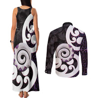 Aotearoa Koru Couples Matching Tank Maxi Dress and Long Sleeve Button Shirt Purple Maori Paua Shell Mix Silver Fern LT14 - Polynesian Pride