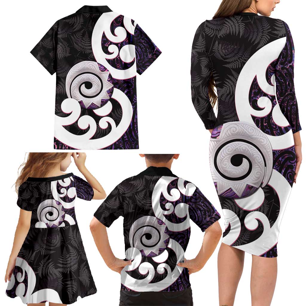 Aotearoa Koru Family Matching Long Sleeve Bodycon Dress and Hawaiian Shirt Purple Maori Paua Shell Mix Silver Fern LT14 - Polynesian Pride