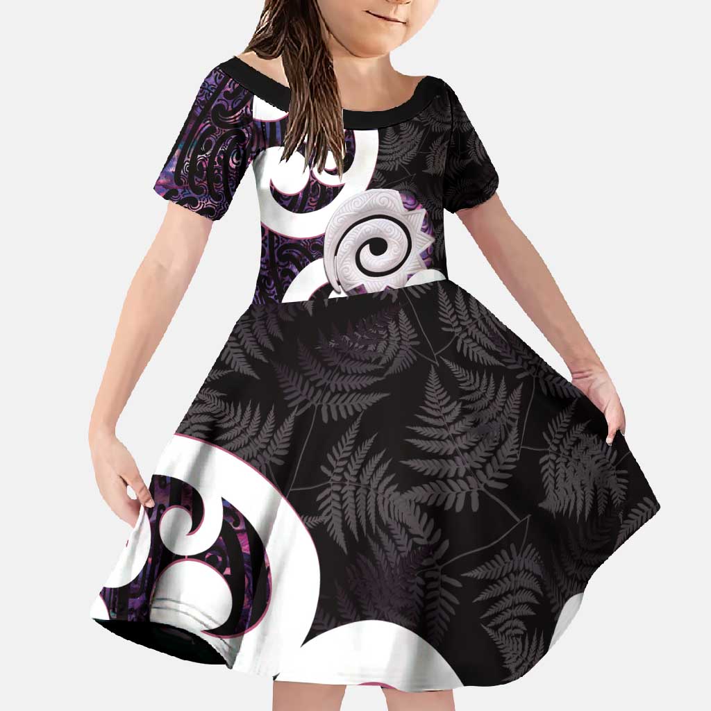 Aotearoa Koru Family Matching Mermaid Dress and Hawaiian Shirt Purple Maori Paua Shell Mix Silver Fern LT14 Daughter's Dress Black - Polynesian Pride