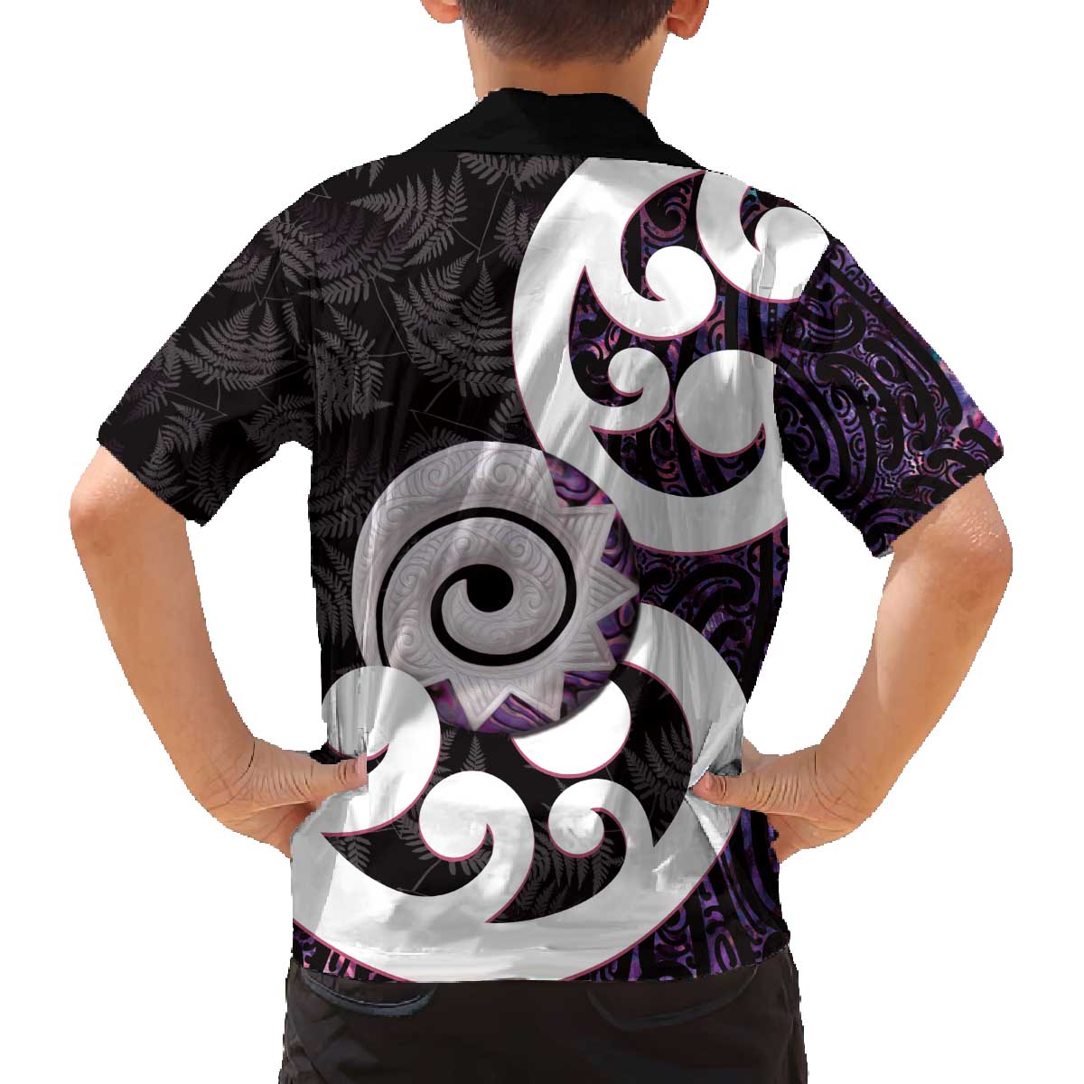 Aotearoa Koru Family Matching Off The Shoulder Long Sleeve Dress and Hawaiian Shirt Purple Maori Paua Shell Mix Silver Fern LT14 - Polynesian Pride