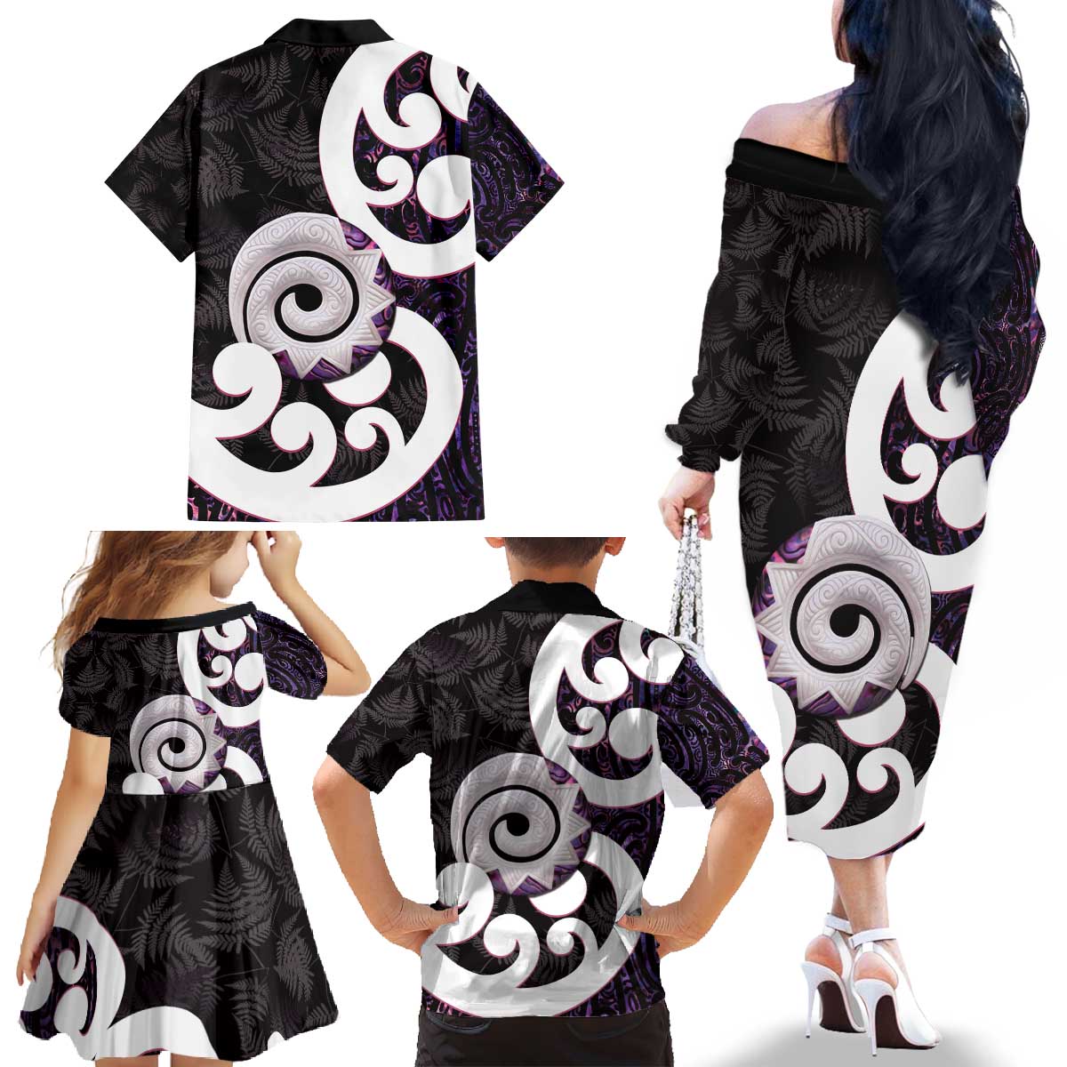 Aotearoa Koru Family Matching Off The Shoulder Long Sleeve Dress and Hawaiian Shirt Purple Maori Paua Shell Mix Silver Fern LT14 - Polynesian Pride
